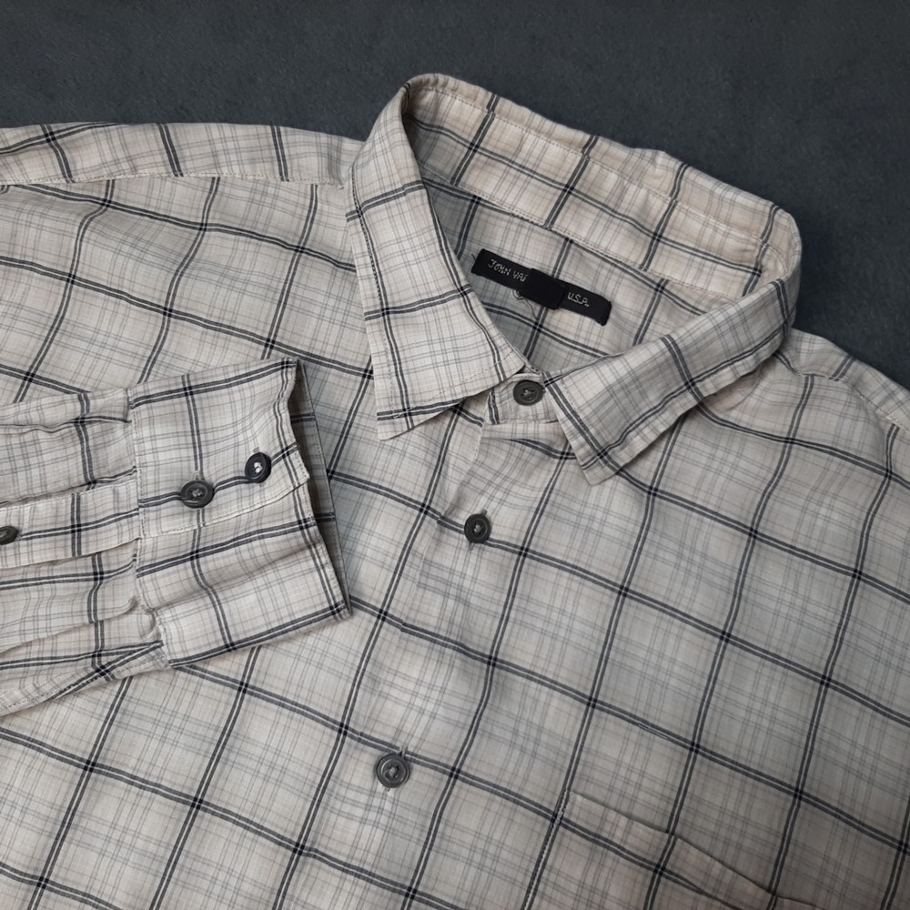John Varvatos Shirt Mens Large White Plaid Check Button Up Long Sleeve Pocket